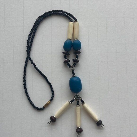 Long Dangle Necklace Black, White & Blue Beads - Picture 4 of 10